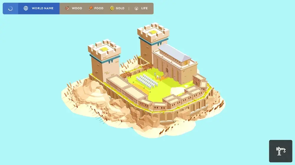 Οθόνη του Pocket Build: μικρό νησί με κάστρο πάνω σε ανοιχτό γαλάζιο φόντο